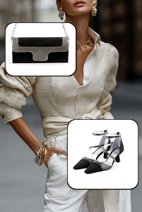 Dress heels closed-back snake-shaped straps in matt black and taupe brown leather with medium spool heels and tapered toe - Top view